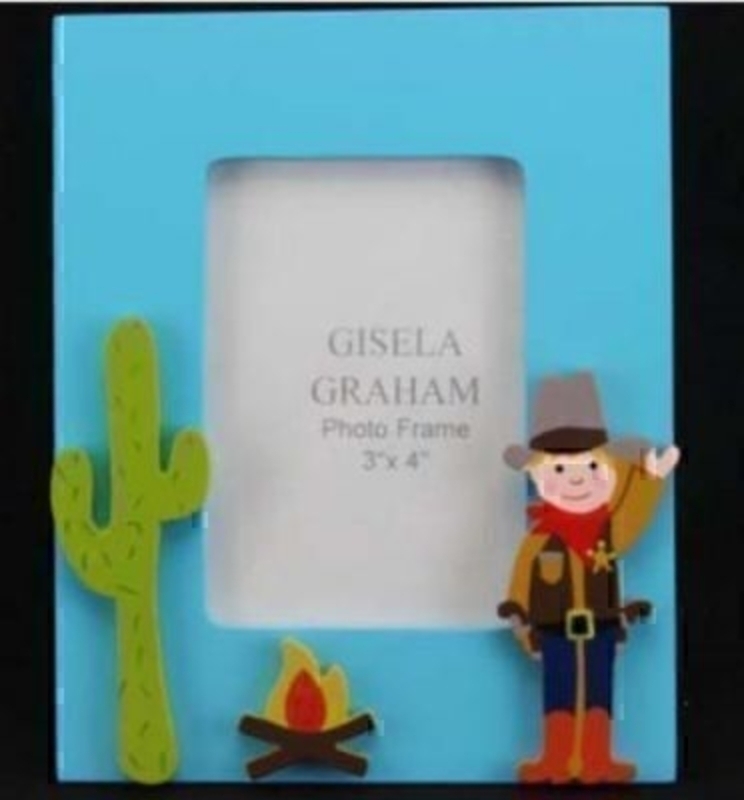 Part of the Cowboys and Indian range by Gisela Graham. A lovely bright blue photo frame with a cut out raised cowboy, cactus and fire. Great decoration gift for a child's room.  Size 13.5x16.5x1.5cm Holds photo size 10x7.5cm